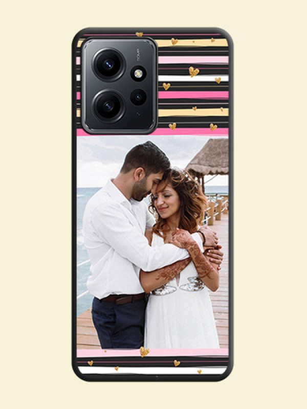 Multicolor Lines and Golden Love Symbols Design on Photo On Space Black Custom Soft Matte Mobile Back Cover - Redmi Note 12 4G
