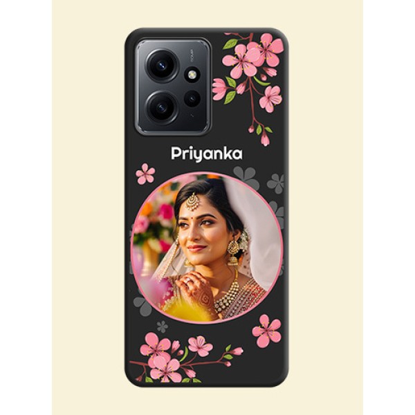 Round Image with Pink Color Floral Design on Photo On Space Black Custom Soft Matte Mobile Back Cover - Redmi Note 12 4G Round Image with Pink Color Floral Design on Photo On Space Black Custom Soft Matte Mobile Back Cover - Redmi Note 12 4G