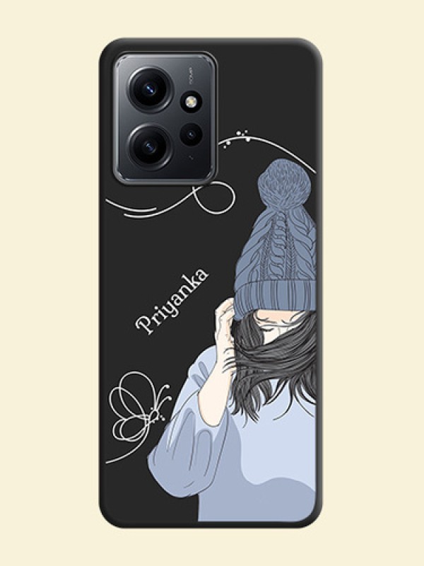 Girl With Blue Winter Outfiit Custom Text Design On Space Black Custom Soft Matte Mobile Back Cover - Redmi Note 12 4G