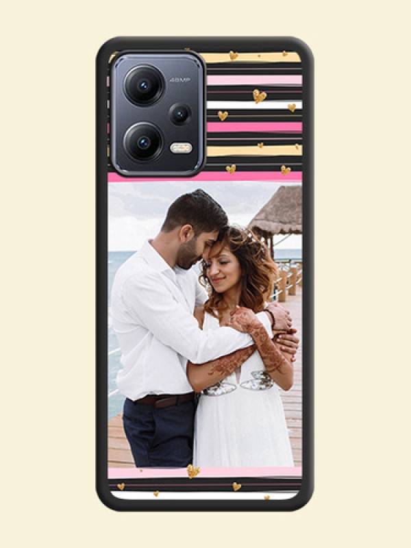 Multicolor Lines and Golden Love Symbols Design on Photo on Space Black Soft Matte Mobile Cover - Xiaomi Redmi Note 12 5G