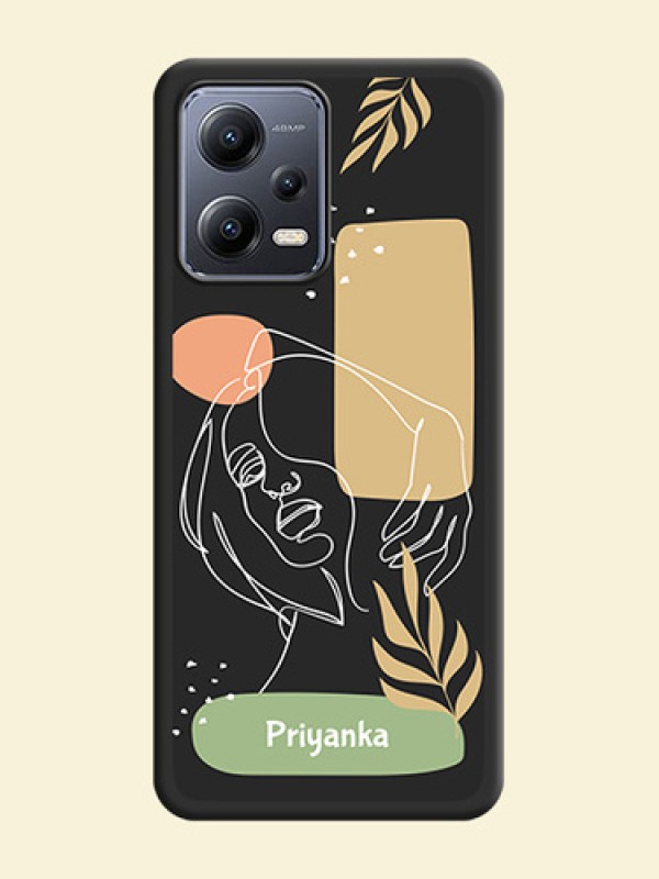 Custom Text With Line Art Of Women & Leaves Design On Space Black Personalized Soft Matte Phone Covers -Xiaomi Redmi Note 12 5G