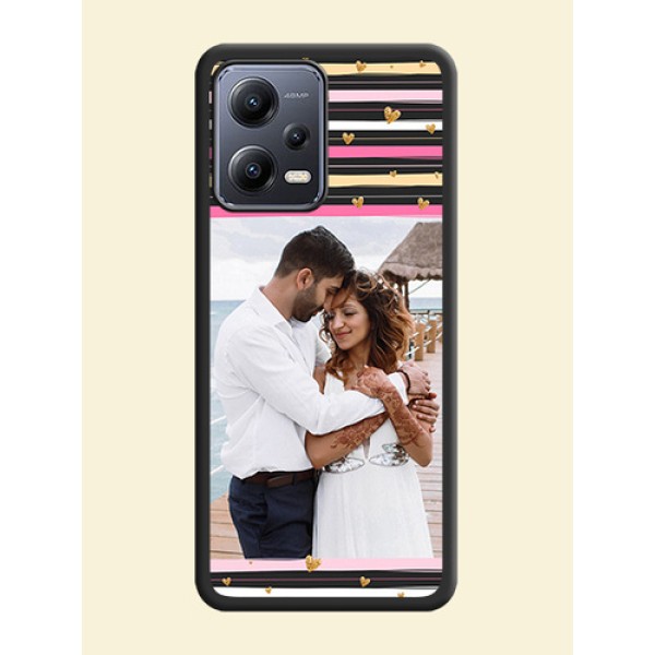 Multicolor Lines and Golden Love Symbols Design on Photo on Space Black Soft Matte Mobile Cover - Xiaomi Redmi Note 12 Pro 5G Multicolor Lines and Golden Love Symbols Design on Photo on Space Black Soft Matte Mobile Cover - Xiaomi Redmi Note 12 Pro 5G