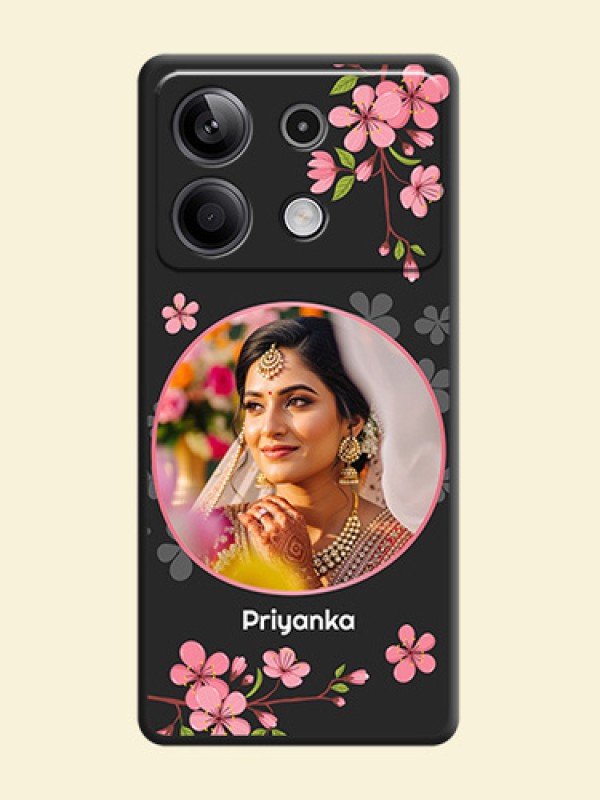 Round Image with Pink Color Floral Design - Photo on Space Black Soft Matte Back Cover - Redmi Note 13 5G