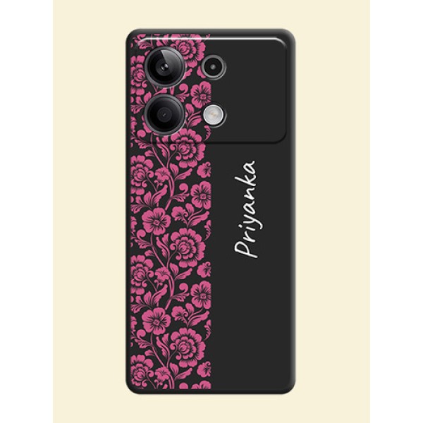 Pink Floral Pattern Design With Custom Text On Space Black Personalized Soft Matte Phone Covers - Redmi Note 13 5G