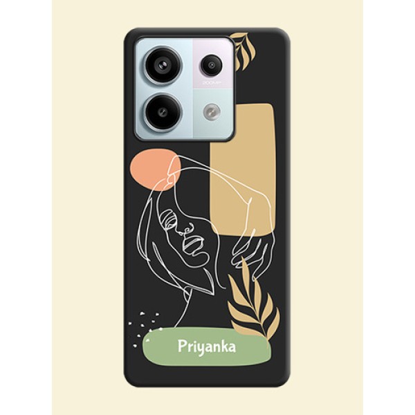 Custom Text With Line Art Of Women & Leaves Design On Space Black Personalized Soft Matte Phone Covers - Redmi Note 13 Pro 5G