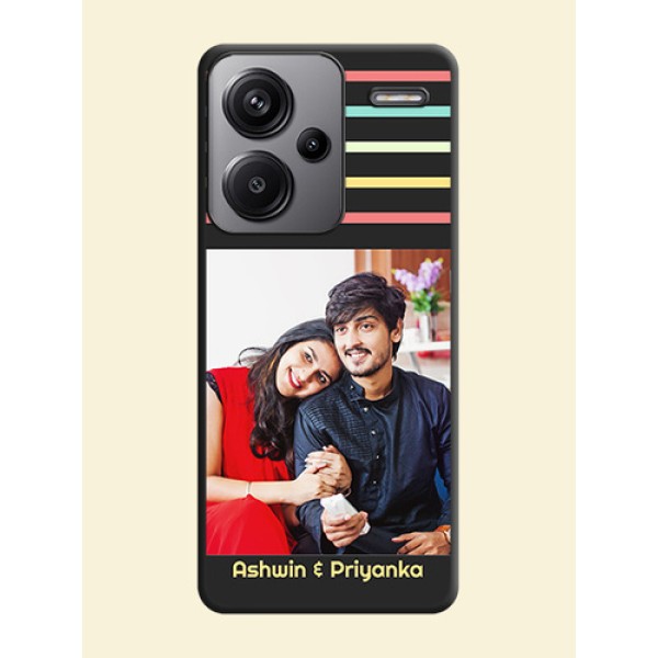 Color Stripes with Photo and Text on Photo On Space Black Custom Soft Matte Mobile Back Cover - Redmi Note 13 Pro Plus 5G Color Stripes with Photo and Text on Photo On Space Black Custom Soft Matte Mobile Back Cover - Redmi Note 13 Pro Plus 5G