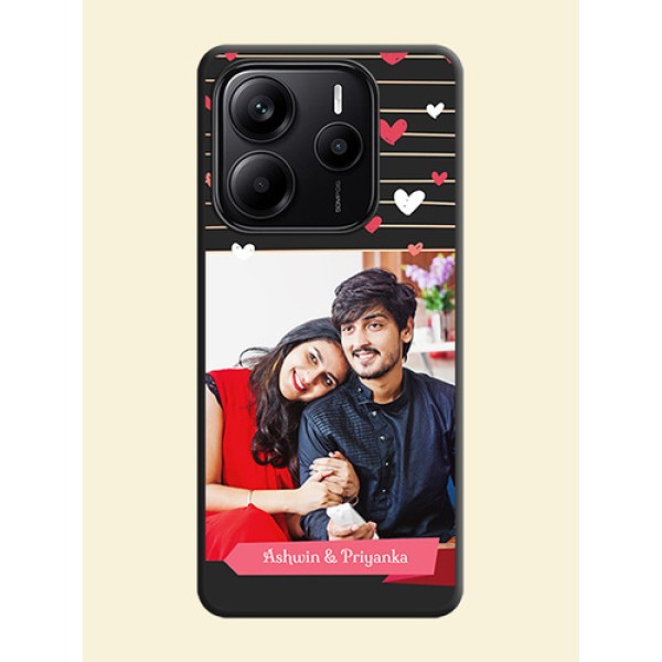 Love Pattern with Name on Pink Ribbon on Photo On Space Black Custom Soft Matte Mobile Back Cover - Redmi Note 14 5G Love Pattern with Name on Pink Ribbon on Photo On Space Black Custom Soft Matte Mobile Back Cover - Redmi Note 14 5G