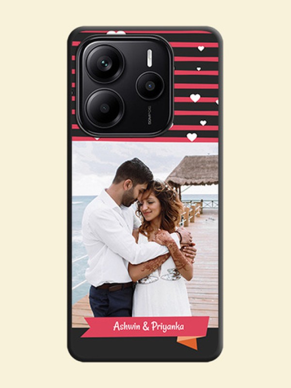 White Color Love Symbols with Pink Lines Pattern On Space Black Custom Soft Matte Mobile Back Cover - Redmi Note 14 5G