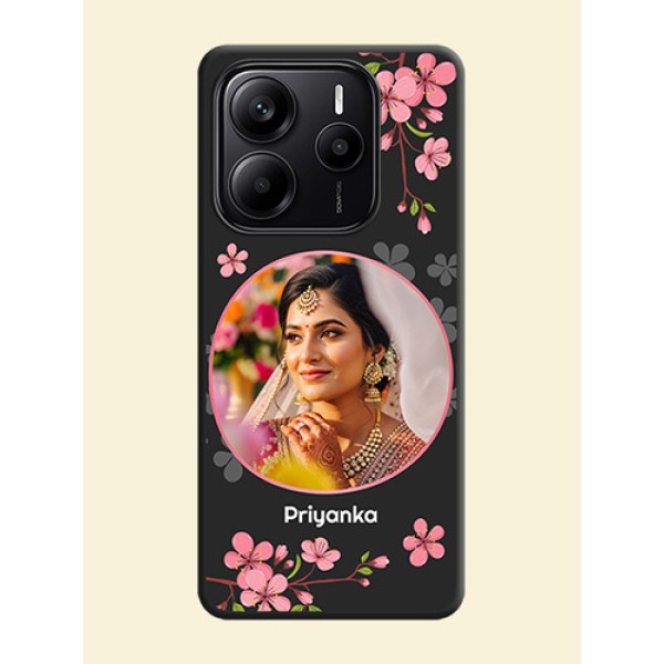 Round Image with Pink Color Floral Design on Photo On Space Black Custom Soft Matte Mobile Back Cover - Redmi Note 14 5G Round Image with Pink Color Floral Design on Photo On Space Black Custom Soft Matte Mobile Back Cover - Redmi Note 14 5G