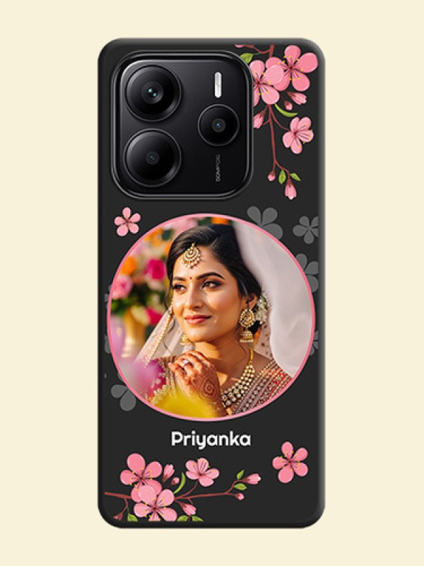 Round Image with Pink Color Floral Design on Photo On Space Black Custom Soft Matte Mobile Back Cover - Redmi Note 14 5G