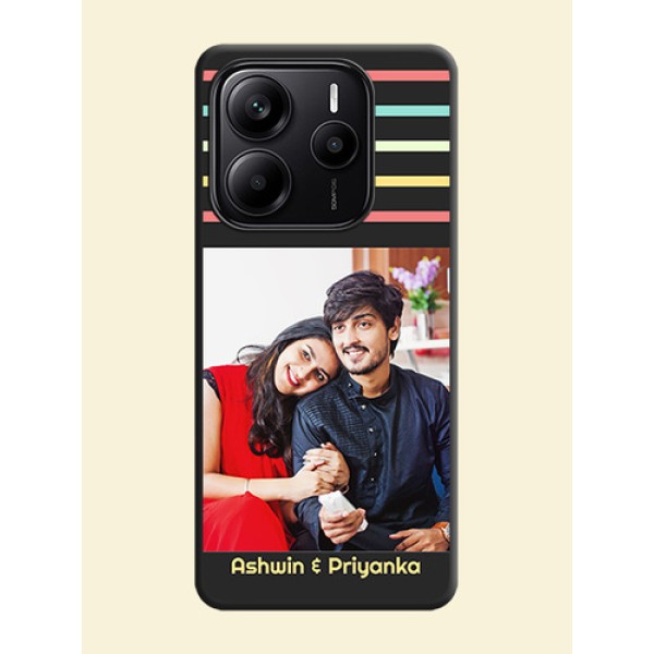 Color Stripes with Photo and Text on Photo On Space Black Custom Soft Matte Mobile Back Cover - Redmi Note 14 5G Color Stripes with Photo and Text on Photo On Space Black Custom Soft Matte Mobile Back Cover - Redmi Note 14 5G