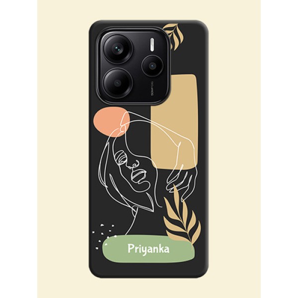 Custom Text With Line Art Of Women & Leaves Design On Space Black Custom Soft Matte Mobile Back Cover - Redmi Note 14 5G Custom Text With Line Art Of Women & Leaves Design On Space Black Custom Soft Matte Mobile Back Cover - Redmi Note 14 5G