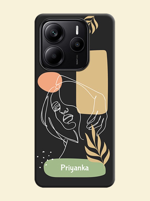 Custom Text With Line Art Of Women & Leaves Design On Space Black Custom Soft Matte Mobile Back Cover - Redmi Note 14 5G