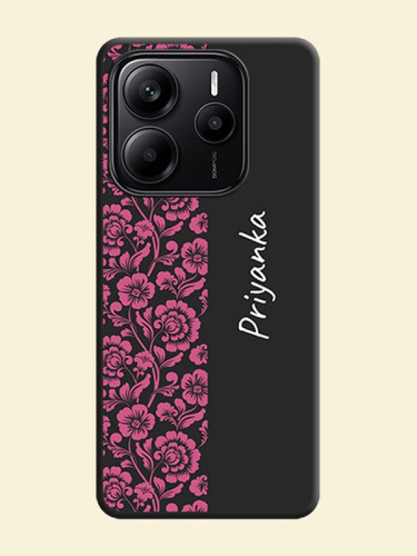 Pink Floral Pattern Design With Custom Text On Space Black Custom Soft Matte Mobile Back Cover - Redmi Note 14 5G
