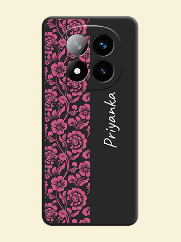 Pink Floral Pattern Design With Custom Text On Space Black Custom Soft Matte Mobile Back Cover - Redmi Note 14 Pro Plus 5G
