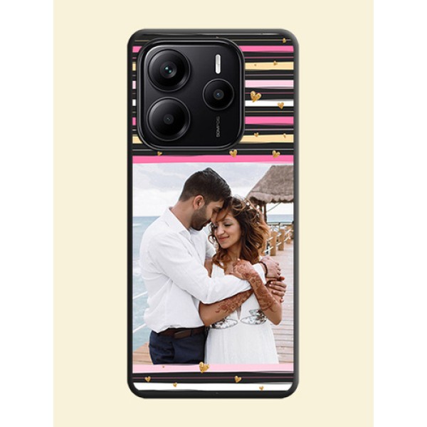 Multicolor Lines and Golden Love Symbols Design on Photo On Space Black Custom Soft Matte Mobile Back Cover - Redmi Note 14 SE 5G