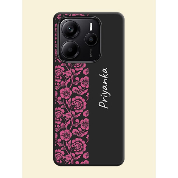 Pink Floral Pattern Design With Custom Text On Space Black Custom Soft Matte Mobile Back Cover - Redmi Note 14 SE 5G Pink Floral Pattern Design With Custom Text On Space Black Custom Soft Matte Mobile Back Cover - Redmi Note 14 SE 5G