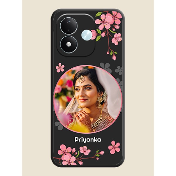 Round Image with Pink Color Floral Design on Photo On Space Black Custom Soft Matte Mobile Back Cover - Xiaomi Redmi Note 17 5G Round Image with Pink Color Floral Design on Photo On Space Black Custom Soft Matte Mobile Back Cover - Xiaomi Redmi Note 17 5G
