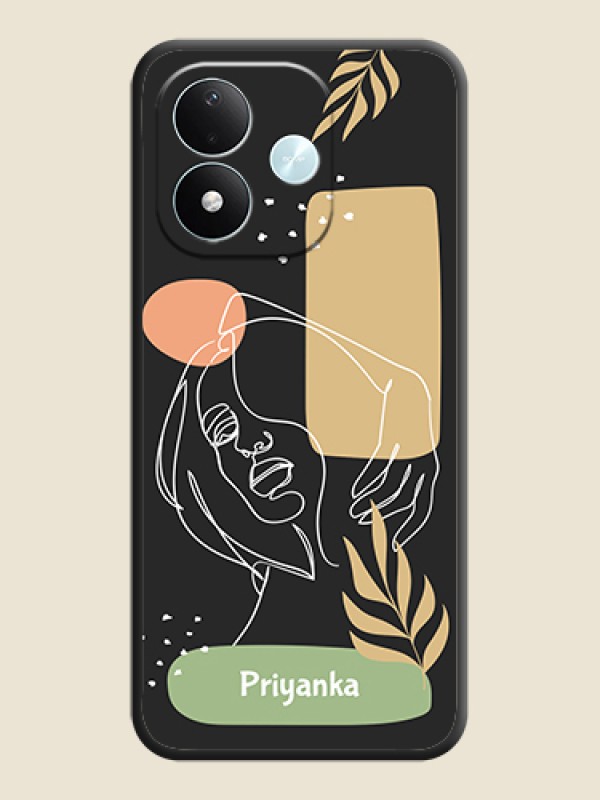 Custom Text With Line Art Of Women & Leaves Design On Space Black Custom Soft Matte Mobile Back Cover - Xiaomi Redmi Note 17 5G