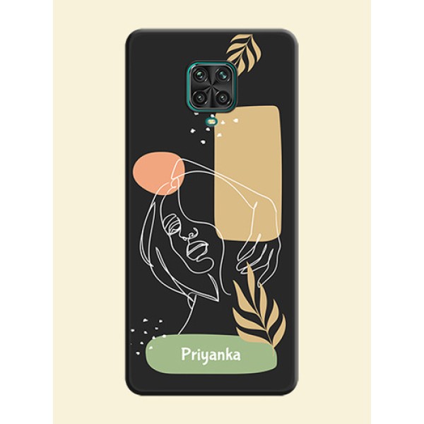 Custom Text With Line Art Of Women & Leaves Design On Space Black Personalized Soft Matte Phone Covers -Xiaomi Redmi Note 9 Pro Max