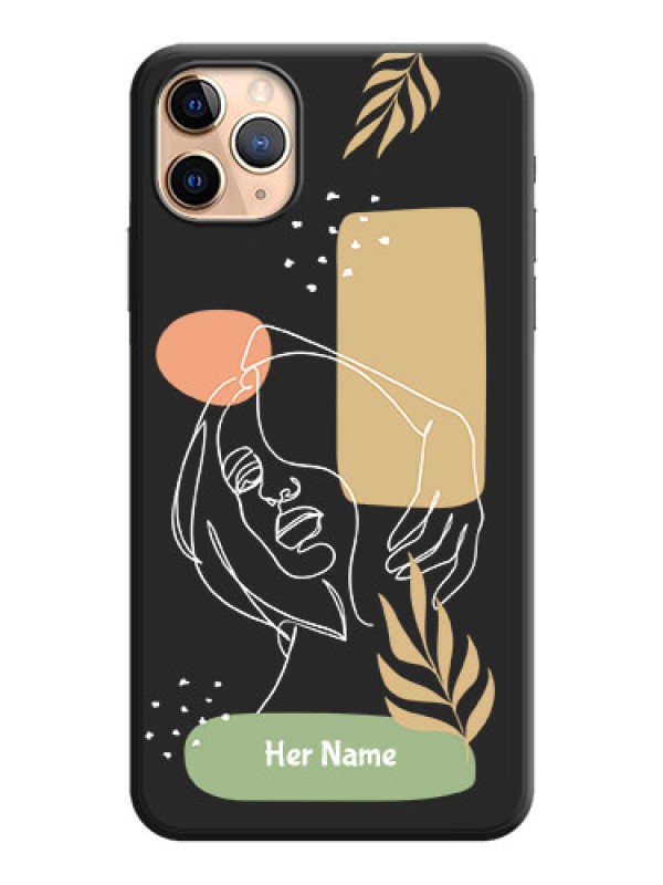 Custom Custom Text With Line Art Of Women & Leaves Design On Space Black Personalized Soft Matte Phone Covers -Apple Iphone 11 Pro Max