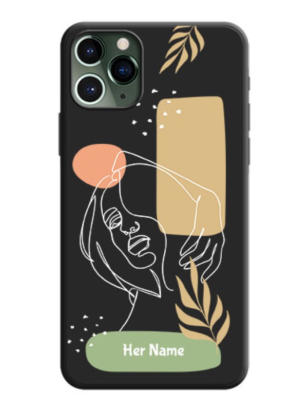 Custom Custom Text With Line Art Of Women & Leaves Design On Space Black Personalized Soft Matte Phone Covers -Apple Iphone 11 Pro