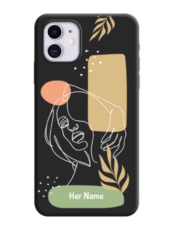 Custom Custom Text With Line Art Of Women & Leaves Design On Space Black Personalized Soft Matte Phone Covers -Apple Iphone 11