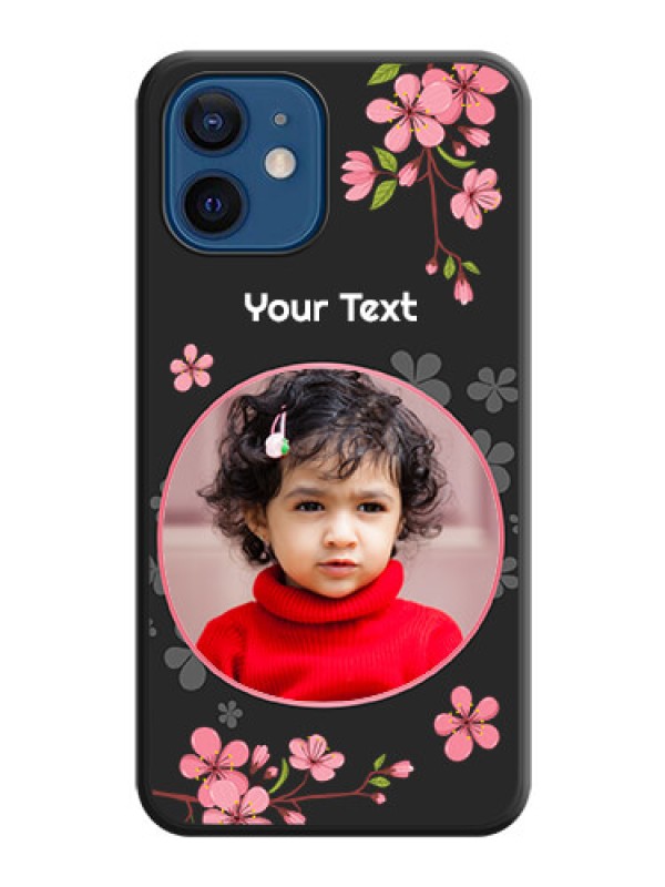 Custom Round Image with Pink Color Floral Design on Photo on Space Black Soft Matte Back Cover - iPhone 12 Mini
