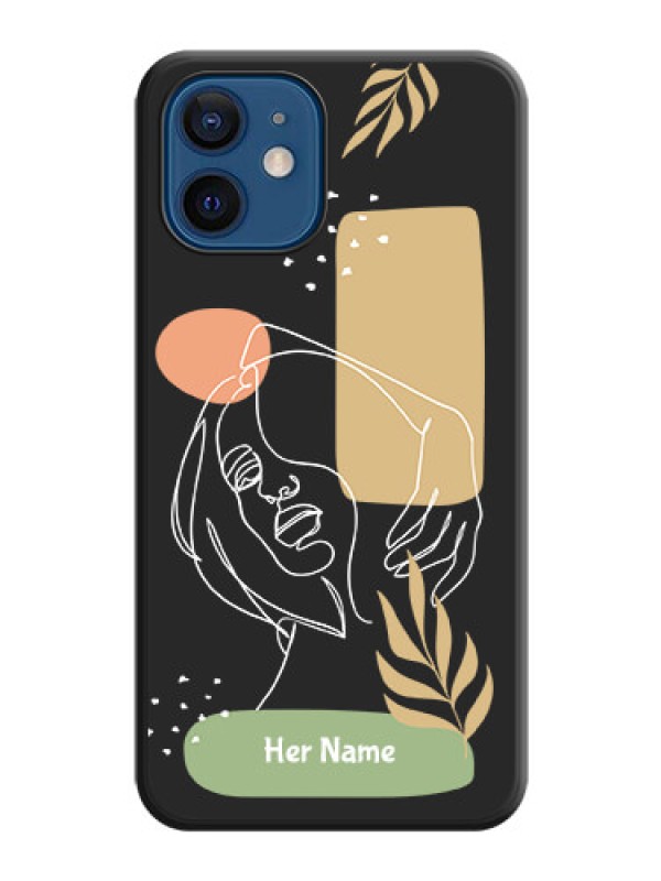 Custom Custom Text With Line Art Of Women & Leaves Design On Space Black Personalized Soft Matte Phone Covers -Apple Iphone 12 Mini