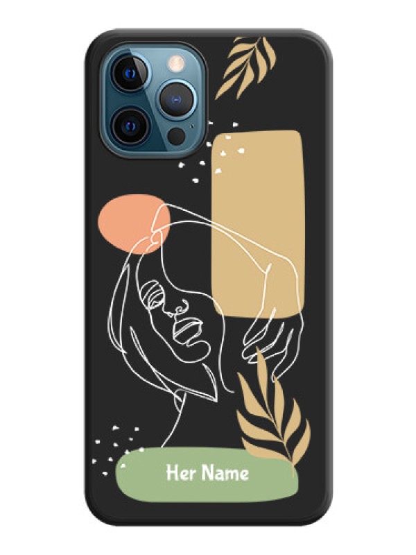 Custom Custom Text With Line Art Of Women & Leaves Design On Space Black Personalized Soft Matte Phone Covers -Apple Iphone 12 Pro Max