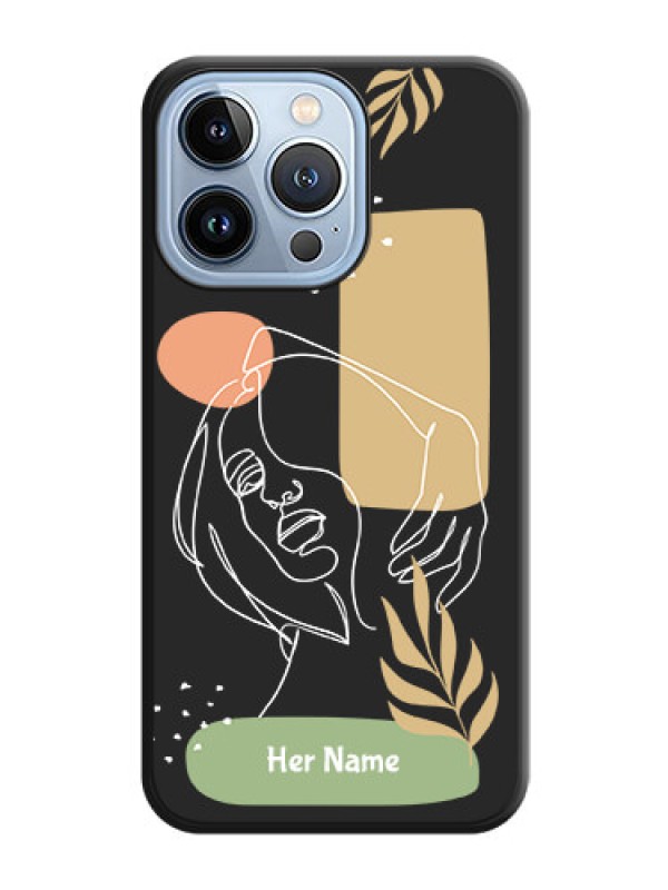 Custom Custom Text With Line Art Of Women & Leaves Design On Space Black Personalized Soft Matte Phone Covers -Apple Iphone 13 Pro