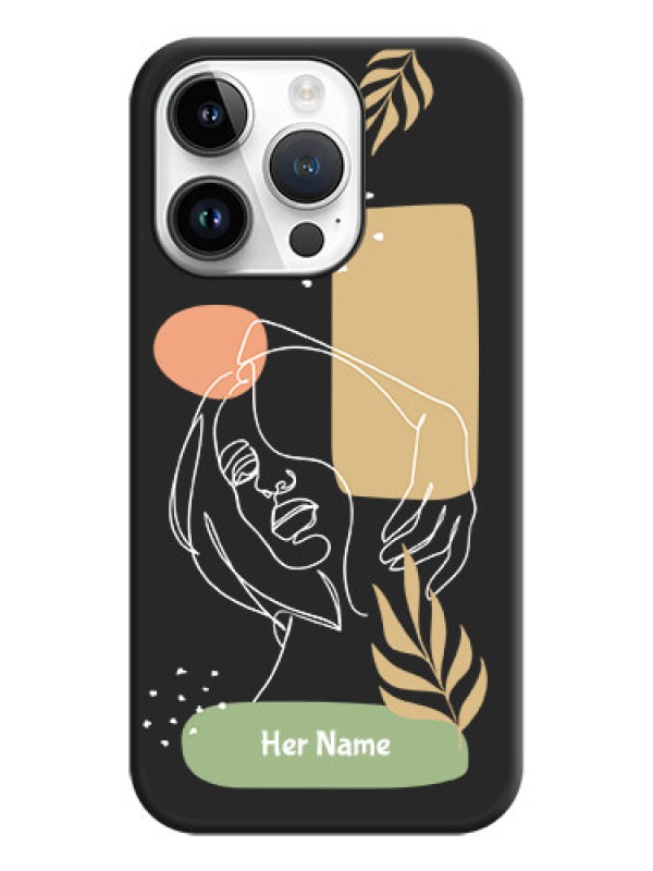 Custom Custom Text With Line Art Of Women & Leaves Design On Space Black Personalized Soft Matte Phone Covers -Apple Iphone 14 Pro Max