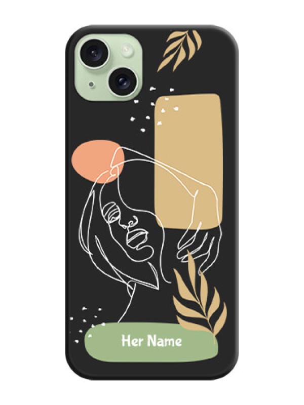 Custom Custom Text With Line Art Of Women & Leaves Design On Space Black Personalized Soft Matte Phone Covers - iPhone 15 Plus