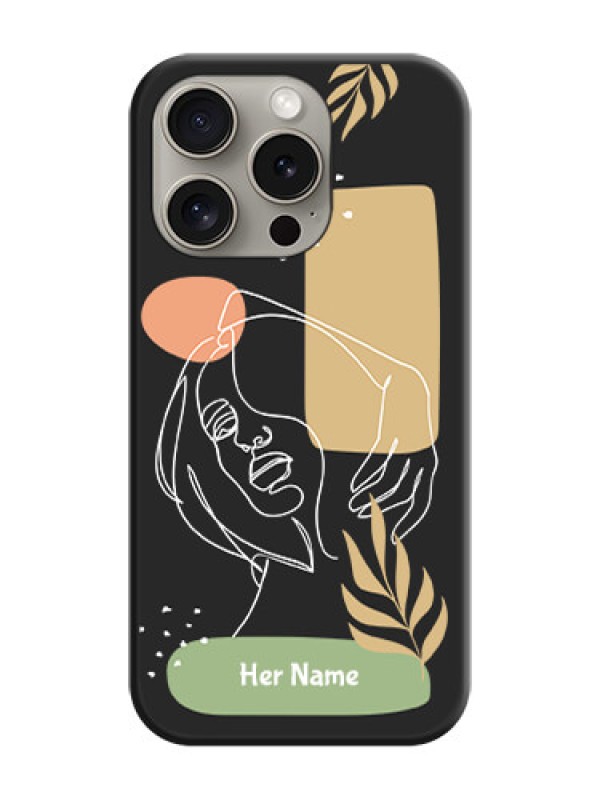 Custom Custom Text With Line Art Of Women & Leaves Design On Space Black Personalized Soft Matte Phone Covers - iPhone 15 Pro