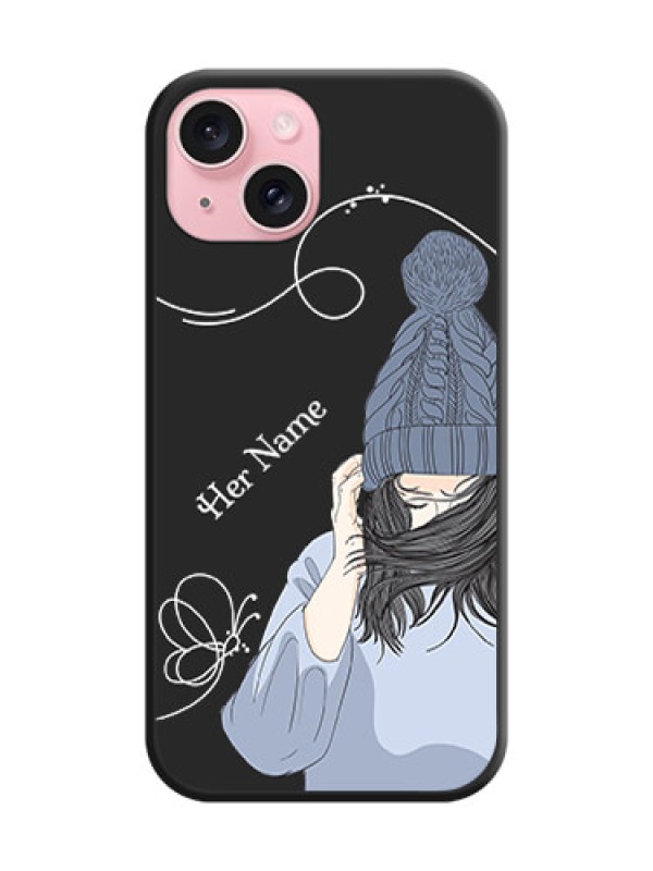 Custom Girl With Blue Winter Outfiit Custom Text Design On Space Black Personalized Soft Matte Phone Covers - iPhone 15