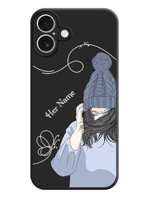 Custom Girl With Blue Winter Outfiit Custom Text Design On Space Black Custom Soft Matte Mobile Back Cover - iPhone 16 Plus