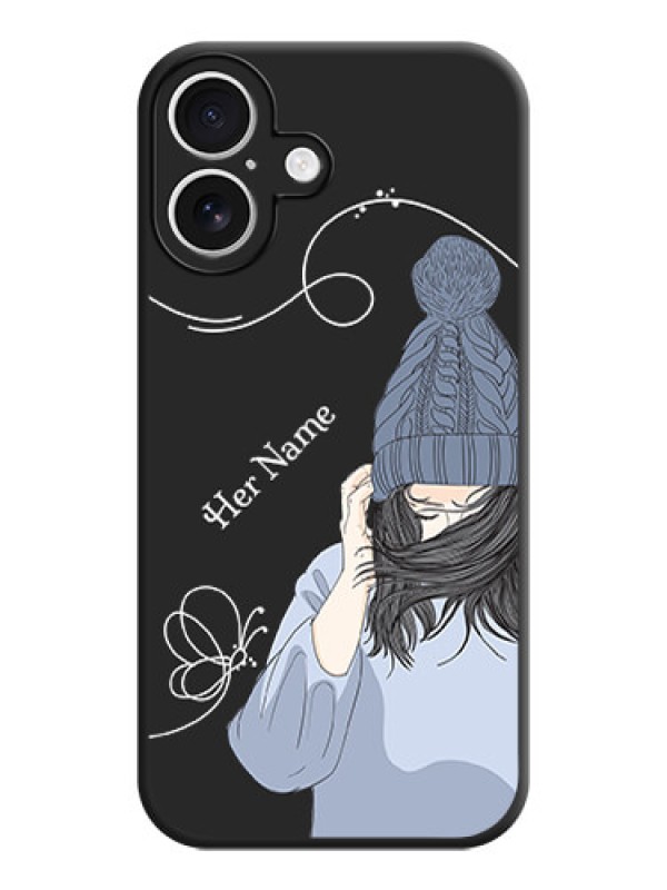 Custom Girl With Blue Winter Outfiit Custom Text Design On Space Black Custom Soft Matte Mobile Back Cover - iPhone 16