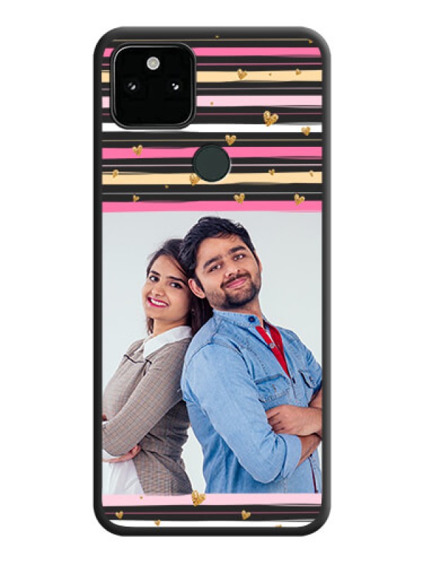 Custom Multicolor Lines and Golden Love Symbols Design on Photo on Space Black Soft Matte Mobile Cover - Pixel 5A 5G