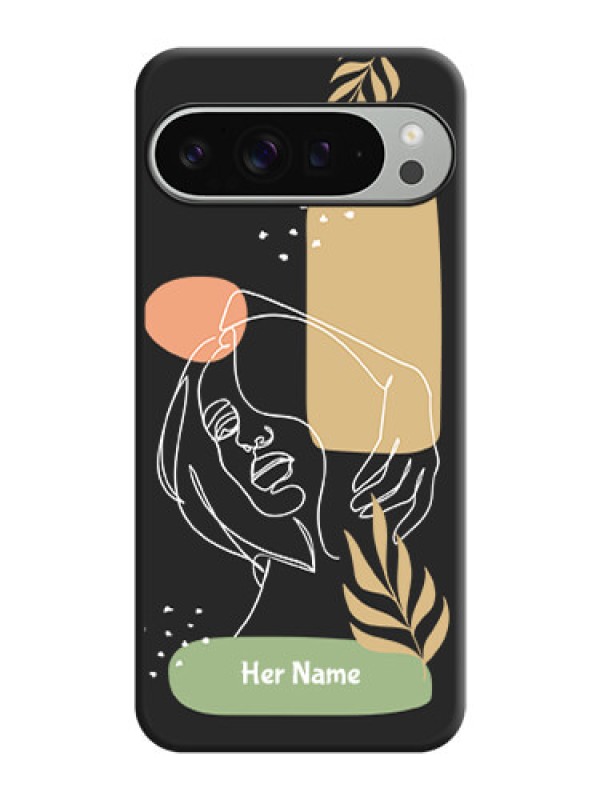 Custom Custom Text With Line Art Of Women & Leaves Design On Space Black Custom Soft Matte Mobile Back Cover - Pixel 9 Pro Xl