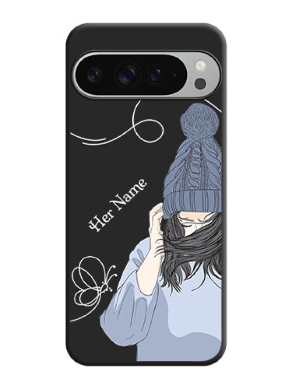 Custom Girl With Blue Winter Outfiit Custom Text Design On Space Black Custom Soft Matte Mobile Back Cover - Pixel 9 Pro Xl