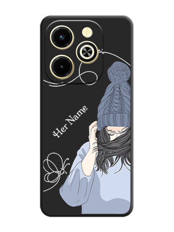 Custom Girl With Blue Winter Outfiit Custom Text Design On Space Black Custom Soft Matte Mobile Back Cover - Infinix Hot 40i