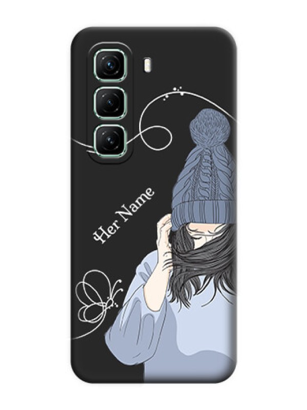 Custom Girl With Blue Winter Outfiit Custom Text Design On Space Black Custom Soft Matte Mobile Back Cover - Infinix Hot 50 5G