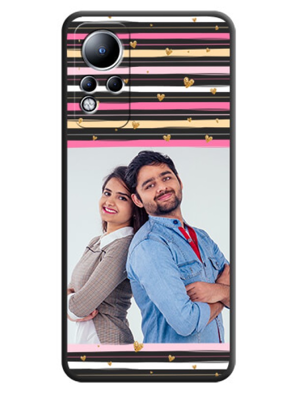 Custom Multicolor Lines and Golden Love Symbols Design on Photo on Space Black Soft Matte Mobile Cover - Infinix Note 11