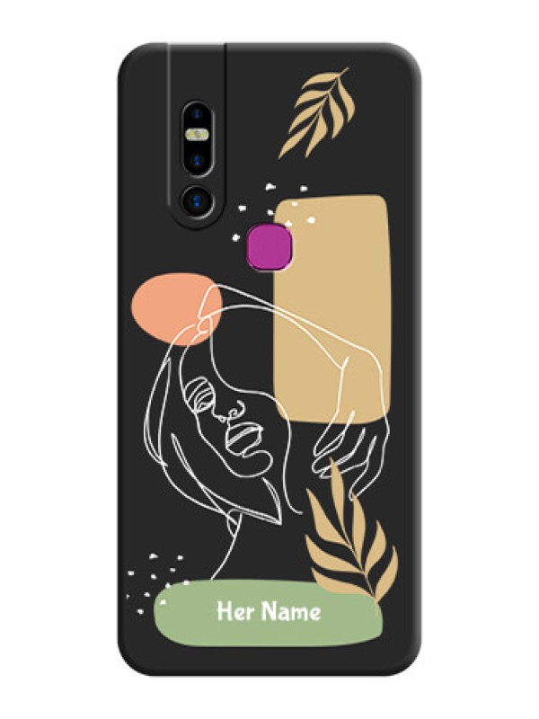 Custom Custom Text With Line Art Of Women & Leaves Design On Space Black Personalized Soft Matte Phone Covers - Infinix S5 Pro