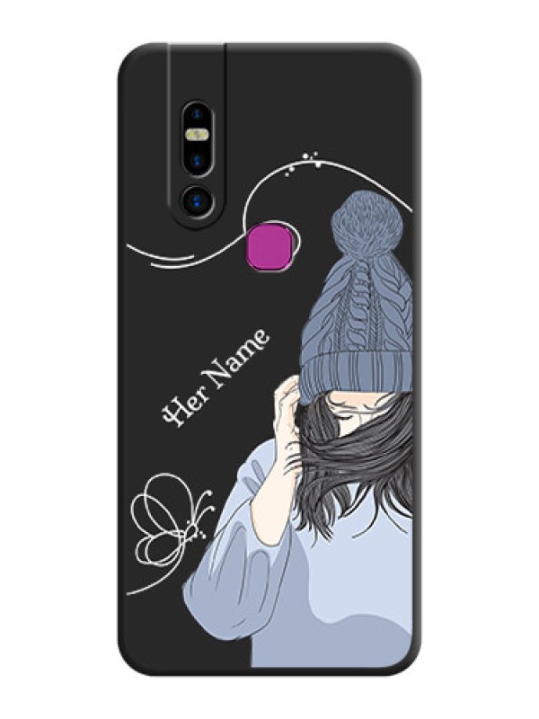 Custom Girl With Blue Winter Outfiit Custom Text Design On Space Black Personalized Soft Matte Phone Covers - Infinix S5 Pro