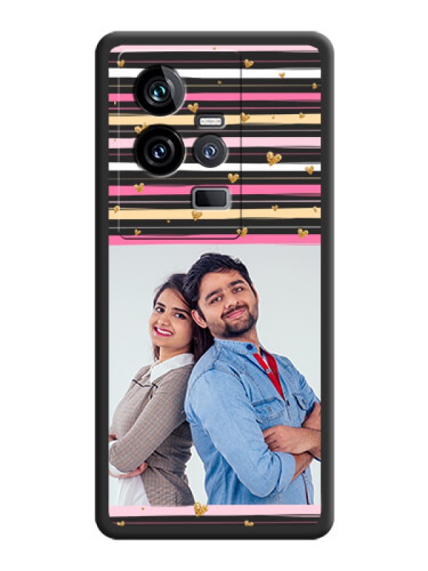 Custom Multicolor Lines and Golden Love Symbols Design on Photo on Space Black Soft Matte Mobile Cover - iQOO 11 5G