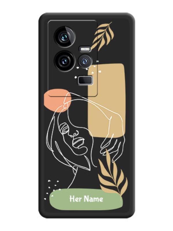 Custom Custom Text With Line Art Of Women & Leaves Design On Space Black Personalized Soft Matte Phone Covers -iQOO 11 5G