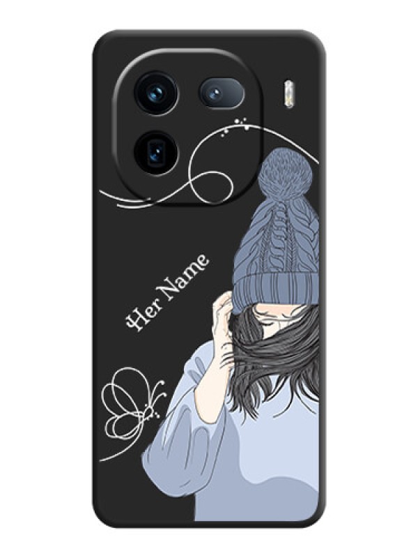Custom Girl With Blue Winter Outfiit Custom Text Design On Space Black Custom Soft Matte Mobile Back Cover - iQOO 12 5G