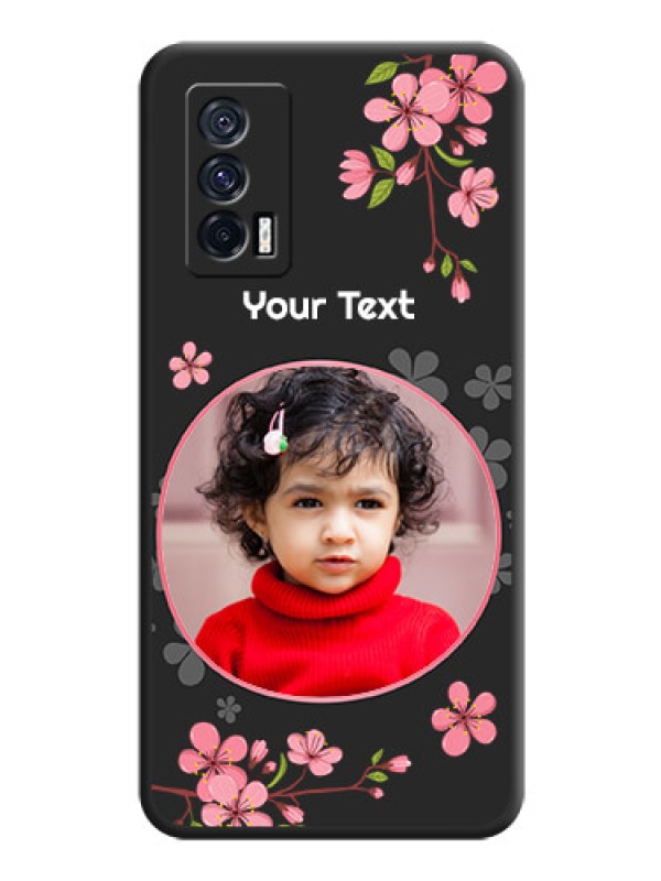 Custom Round Image with Pink Color Floral Design on Photo on Space Black Soft Matte Back Cover - iQOO 7