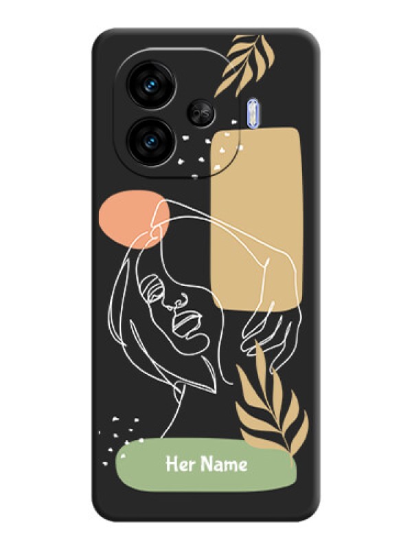 Custom Custom Text With Line Art Of Women & Leaves Design On Space Black Custom Soft Matte Mobile Back Cover - iQOO Neo 10R 5G